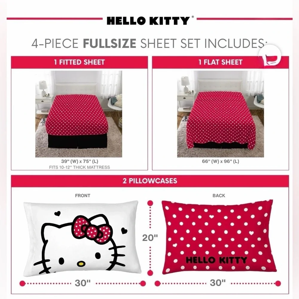 Hello Kitty Kids 4 Piece Red White Polka Dots Sheet Set, Full NEW WITH TAGS - Picture 4 of 7